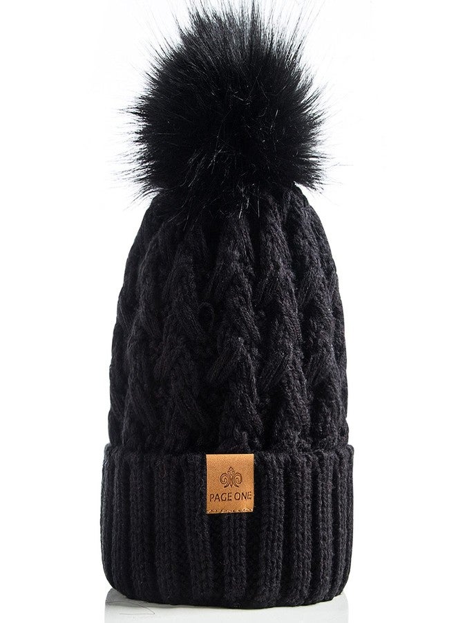 PAGE ONE Womens Winter Ribbed Beanie Crossed Cap Chunky Cable Knit Pompom Soft Warm Hat Black - Image 1